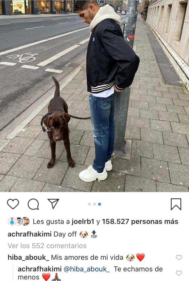 Hiba Abouk le pone un tierno mensaje en Instagram a Achraf Hakimi y su perro Raï.