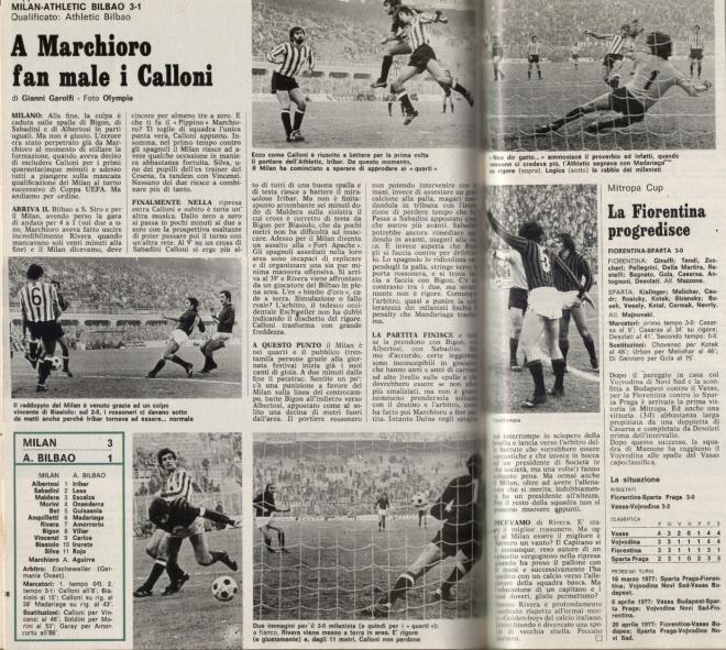 Crónica del Milan-Athletic Club del 8 de diciembre de 1976.