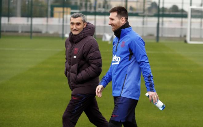 Valverde y Leo Messi, en la sesión del Barcelona (Foto: FCB).