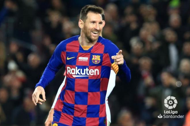 Messi celebra uno de sus goles en el FC Barcelona - Mallorca.