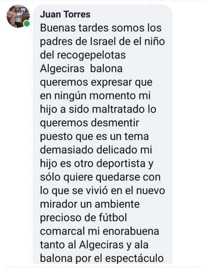 El mensaje del padre del recogepelotas golpeado en el Algeciras-Balona.