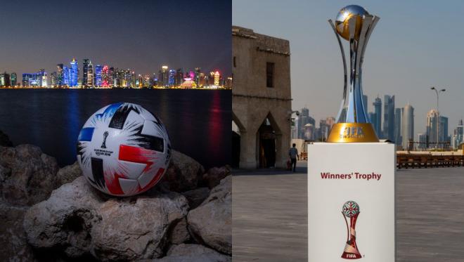 Tsubasa, el balón del Mundial de Clubes y el trofeo (Fotos: Fifa).