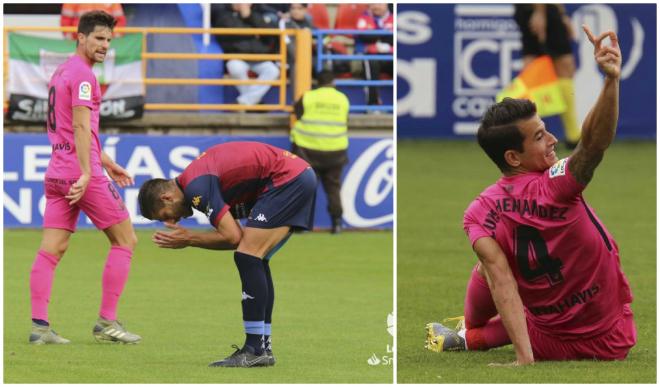 Adrián, durante el partido en Extremadura, y Luis Hernández pidiendo las asistencias médicas (Fotos: LaLiga).