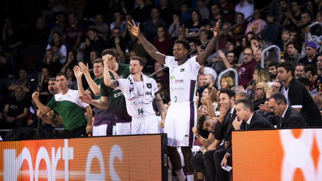 El banquillo celebra una canasta del Unicaja.