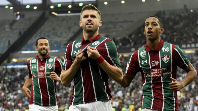 Caio Henrique, celebrando un gol en el Fluminense.
