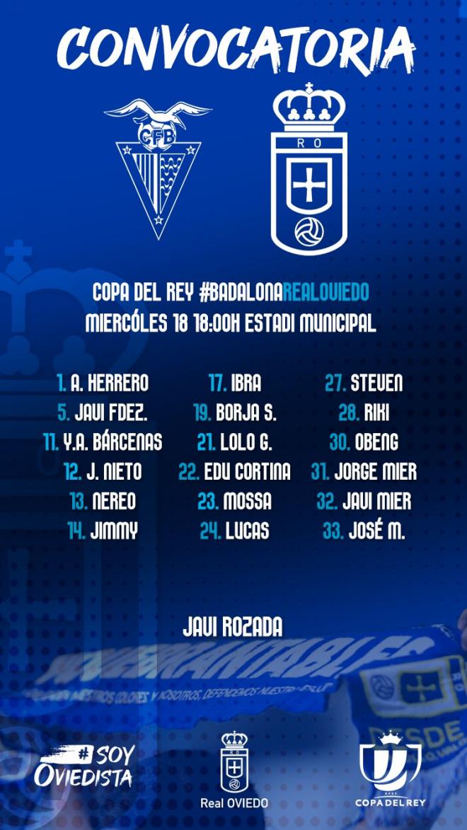 Convocatoria de Copa del Rey ante el Badalona.