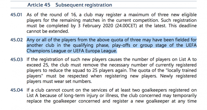 Norma de la UEFA para inscribir jugadores en Champions durante el mercado de invierno.