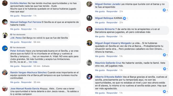 Comentarios de aficionados del Sevilla sobre las palabras de Aleix Vidal en la que dice que se arrepiente de haber vuelto.