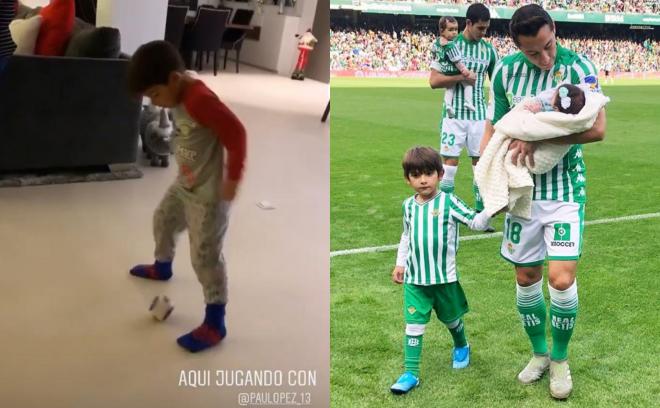 A la izquierda, el hijo de Andrés Guardado jugando al fútbol; a la derecha, el jugador del Betis con Máximo y Catalina en el Benito Villamarín (Fotos: Instagram).