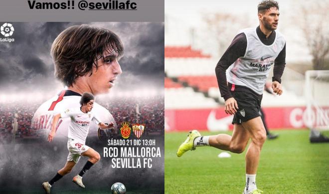 Bryan Gil y el partido del Mallorca; y Sergi Gómez durante el entrenamiento (Fotos: Instagram).