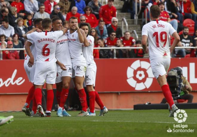Diego Carlos celebra su gol al Mallorca (Foto: LaLiga).