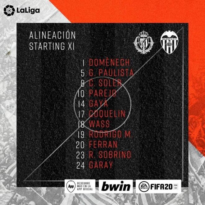 Once del Valencia contra el Valladolid.