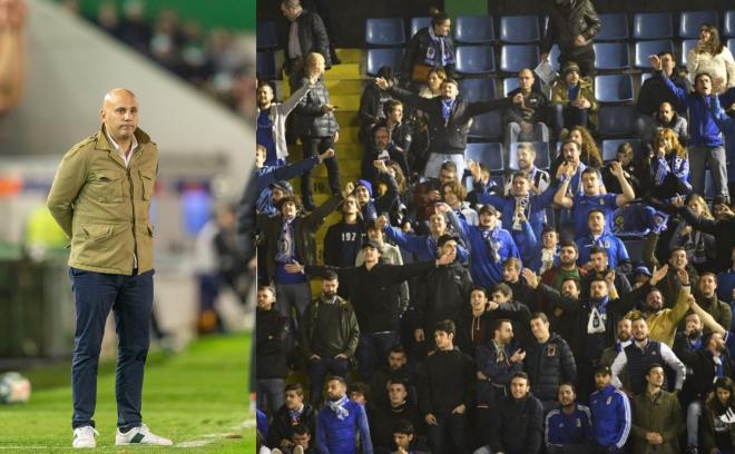 Javi Rozada y la afición del Real Oviedo en El Sardinero.