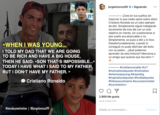 El post de Jorge Lorenzo en Instagram sobre Cristiano Ronaldo.