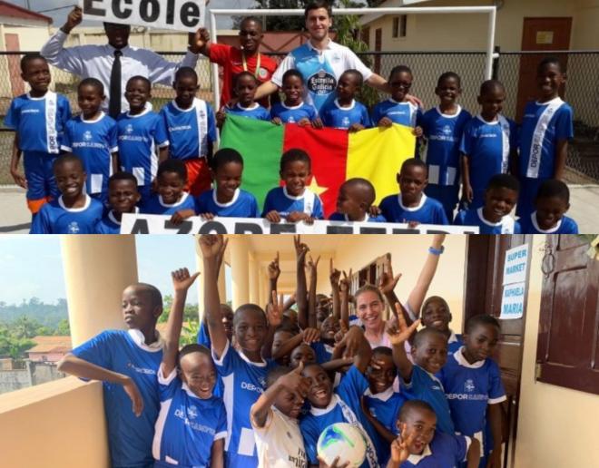 Los niños de dos colegios de Camerún, con el material enviado por el Dépor (Foto: RCD).