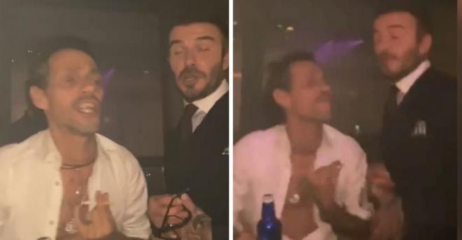 Marc Anthony y David Beckham cantando en el bautizo de los hijos del inglés.