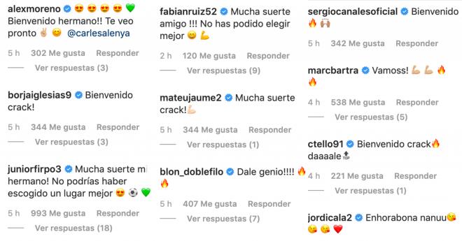 Algunos de los muchos mensajes de bienvenida que ha tenido Carles Aleñá en Instagram.