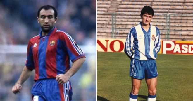 Abelardo y Ernesto Valverde, cuando jugaban en el Barcelona y el Espanyol, respectivamente.