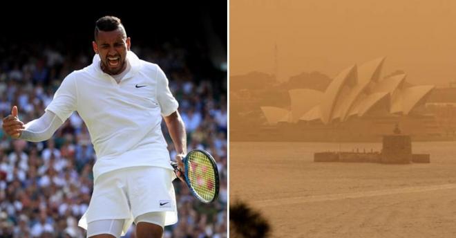 Nick Kyrgios y una imagen de Sidney cubierta de humo.