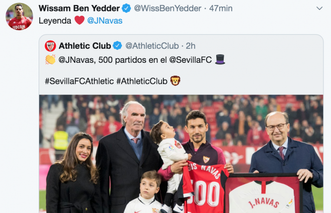 Tuit de Ben Yedder sobre los 500 partidos de Jesús Navas.