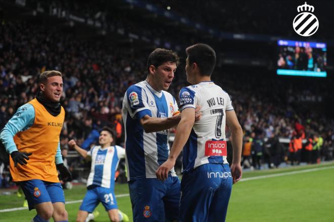 Wu Lei festeja el gol del empate del Espanyol (Foto: RCDE).