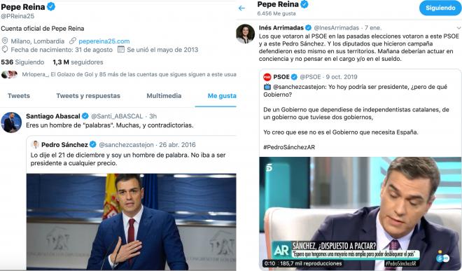 El 'me gusta' de Pepe Reina en Twitter a los mensajes de Santiago Abascal e Inés Arrimadas.