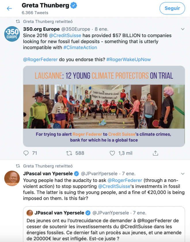 Algunos de los rt de Greta Thunberg al movimiento contra Roger Federer por ser embajador de Credit Suisse.