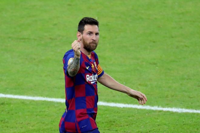 Leo Messi celebra su tanto ante el Atlético en la Supercopa de España.