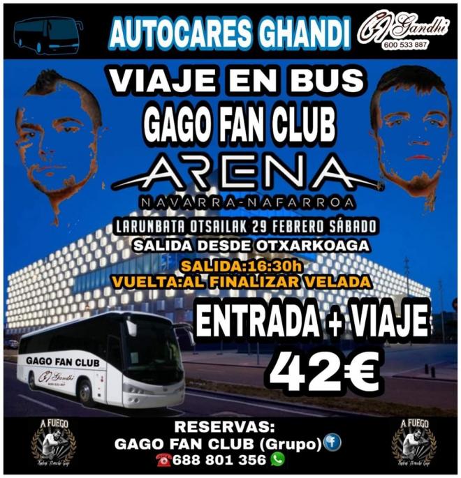 Cartel anunciador del autobús del Gago Fan Club para la velada de boxeo del 29 de febrero en Iruña.