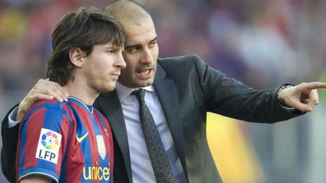 Guardiola, junto a Messi, en su etapa en el Barcelona.