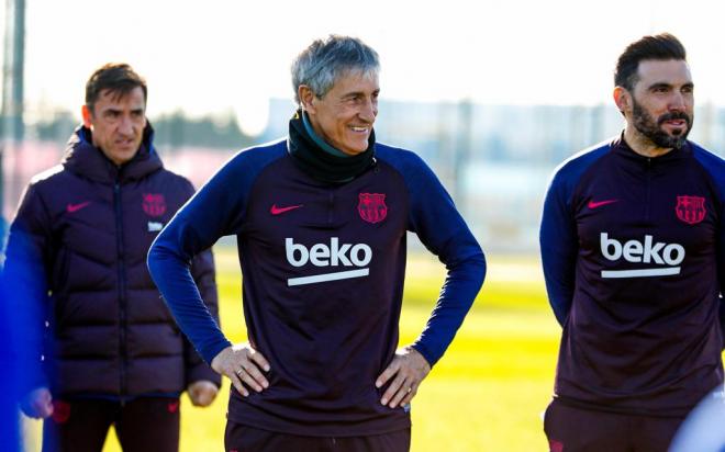 Quique Setién y Eder Sarabia en su primer entrenamiento con el Barcelona (Foto: FCB).