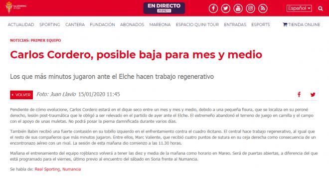 Parte médico de la lesión de Carlos Cordero en la página web del Sporting de Gijón (Foto: RSG).