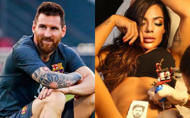 Suzy Cortez, ex 'Mis Bum Bum' se tatúa la cara de Leo Messi (Fotos: Splash News, The Sun).