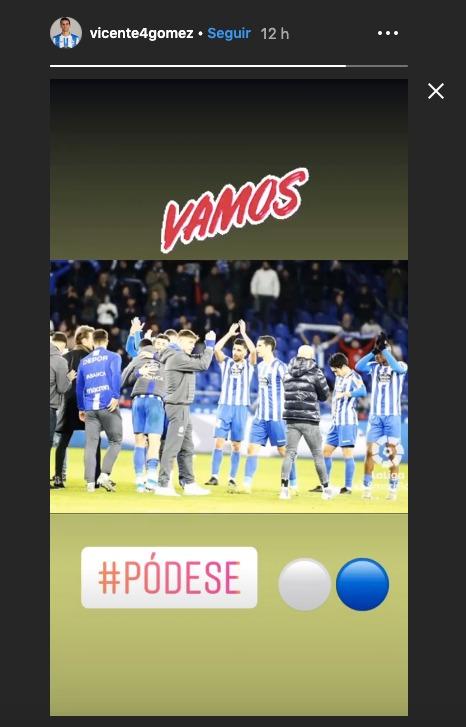 Vicente Gómez celebra el triunfo ante el Racing en Instagram.
