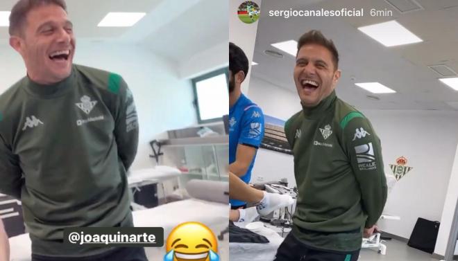 Joaquín cuenta un chiste a sus compañeros en la sala de recuperación de la ciudad deportiva del Betis (Fotos: Instagram).