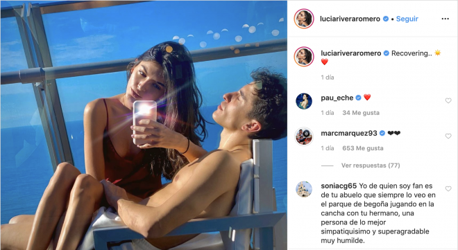 Marc Márquez responde con corazones a la foto de ambos que subió a su Instagram Lucía Rivera.