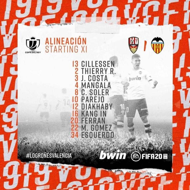 Once del Valencia CF contra el Logroñés.