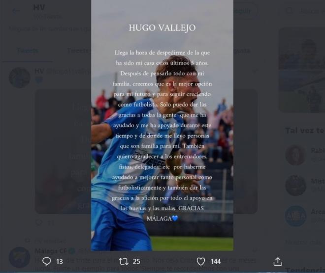 Carta de despedida de Vallejo en Twitter.