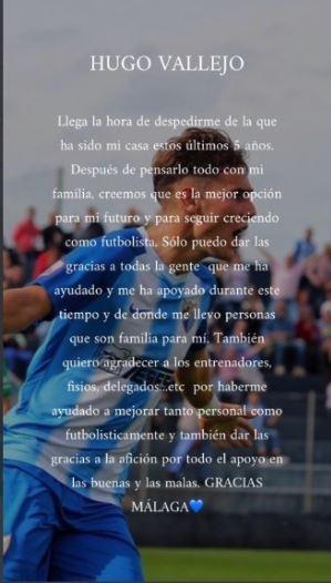 La carta de despedida de Hugo Vallejo en redes sociales, que ha borrado a las pocas horas.