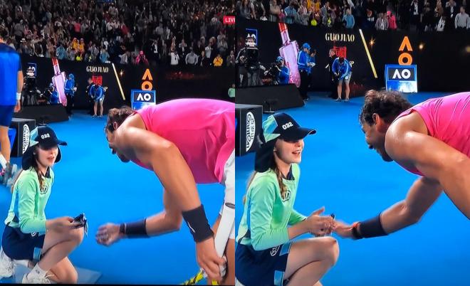 Rafa Nadal le regala su cinta del pelo a la niña recogepelotas a la que le dio un pelotazo durante su partido en el Abierto de Australia 2020.