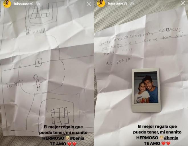 El regalo que recibió Luis Suárez por su 33 cumpleaños de parte de su hijo Benja (Fotos: Instagram).