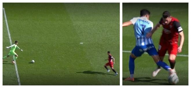 Capturas de los dos goles del Mirandés en el duelo ante el Málaga en La Rosaleda.