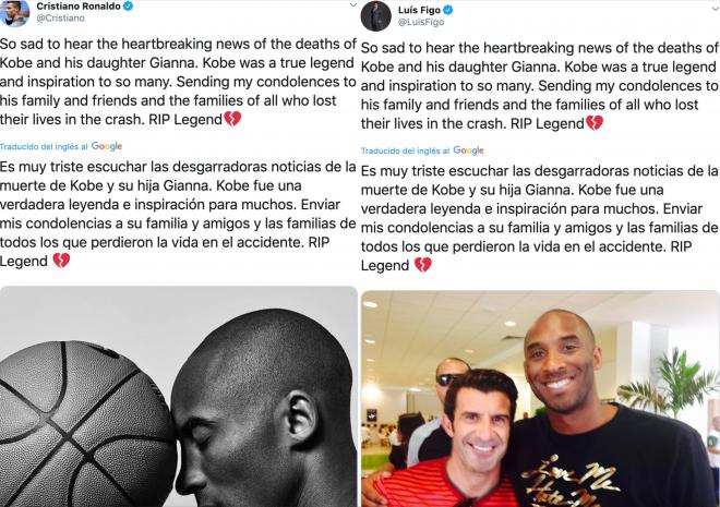 Cristiano Ronaldo y Luis Figo escriben el mismo mensaje en sus redes sociales por la muerte de Kobe Bryant.