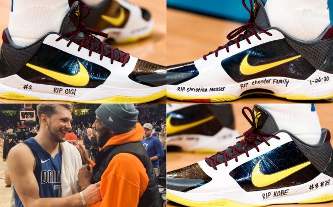 Luka Doncic rindió homenaje con sus zapatillas a Kobe Bryant, su hija y el resto de víctimas del accidente de helicóptero durante el Oklahoma City Thunder-Dallas Mavericks (Fotos: Instagram).