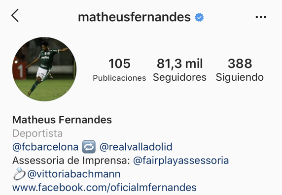 Matheus Fernandes y la confirmación de su fichaje (Foto: Captura Instagram).