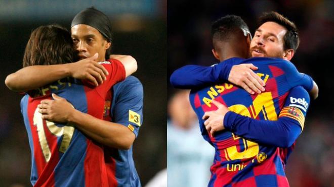 Abrazo de Ronaldinho con Messi comparado con el del argentino con Ansu Fati.