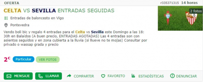 Anuncio de reventa de entradas para el Celta-Sevilla en Balaídos.