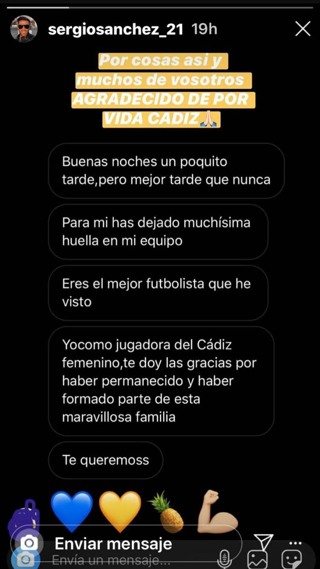 El mensaje de una jugadora del Cádiz Femenino a Sergio Sánchez (Foto: Instagram).