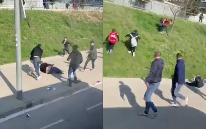 Unos niños huyen tras encontrarse una pelea de ultras antes del Espanyol-Mallorca.