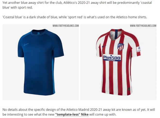 La información de Footy Headlines sobre la camiseta del Atlético de Madrid.